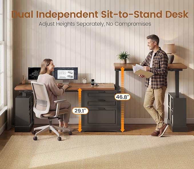 SEDETA Standing Two Person Desk, 98.4'' Farmhouse Long Computer Desk with 3 Drawers, Storage Cabinet, Electric Height Adjustable 2 Person Desk with Power Outlets for Home Office, Black+Brown