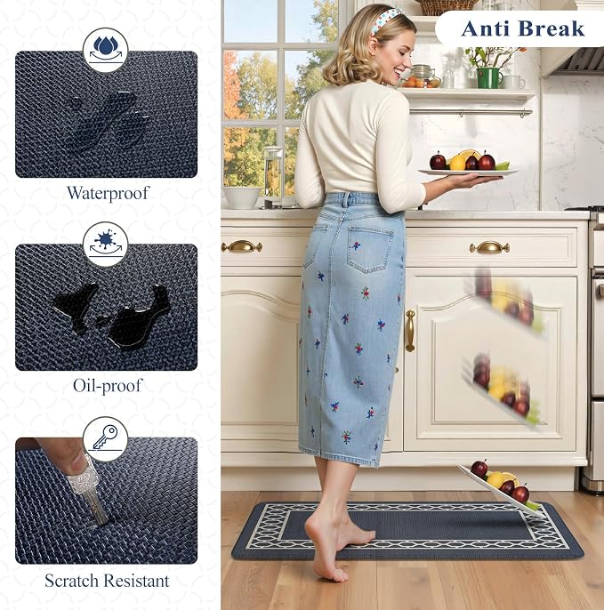 LEEVAN Anti Fatigue Kitchen Mats for Floor, Cushioned Kitchen Mat Set 2PCS | 20"x31"+20"x47", Boho Navy Blue Kitchen Rugs Non-Slip Comfort, Waterproof Ergonomic Standing Mats for Laundry, Office & Sink