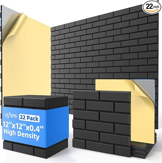 22 Pack Acoustic Panels with Self Adhesive, 12" X 12" X 0.4" High Density Sound Proof Foam Panels for Walls, Soundproof Wall Panels, Brick Sound Absorbing Panels for Home Studio Office Decor - Black