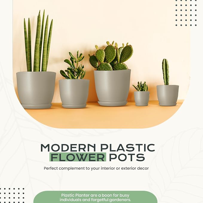 Utopia Home - Plant Pots Indoor with Drainage - 7/6.6/6/5.3/4.8 Inches Home Decor Flower Pots - Pack of 10 Plastic Planters for Indoor Plants, Cactus, Succulents Pot - Grey