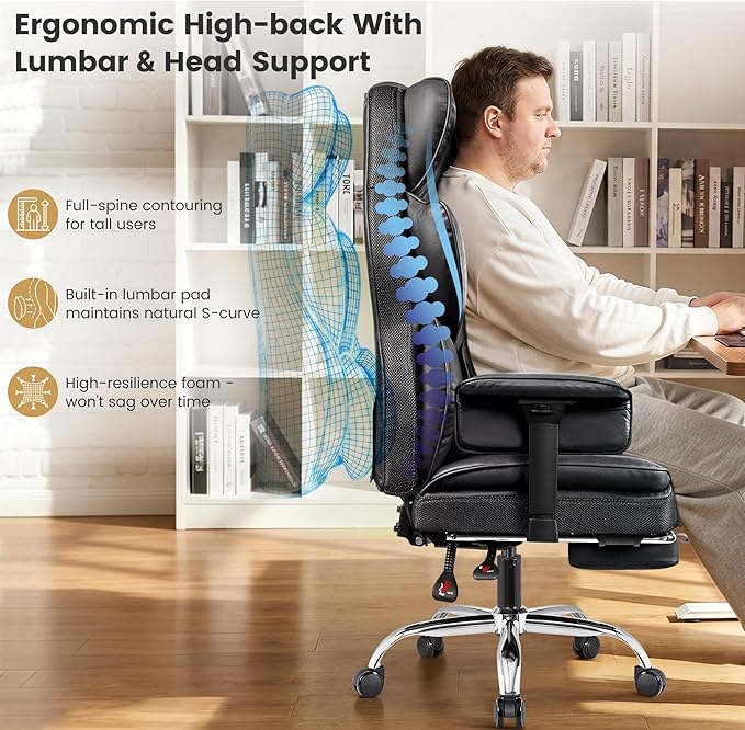 Big & Tall Office Chair, Ergonomic High Back Executive Desk Seat | 400 LBS Heavy Duty Steel Frame for Heavy Users, 23.6" Wide Seat, Padded Armrests, 165° Reclining, Black PU Leather, 2 Pack
