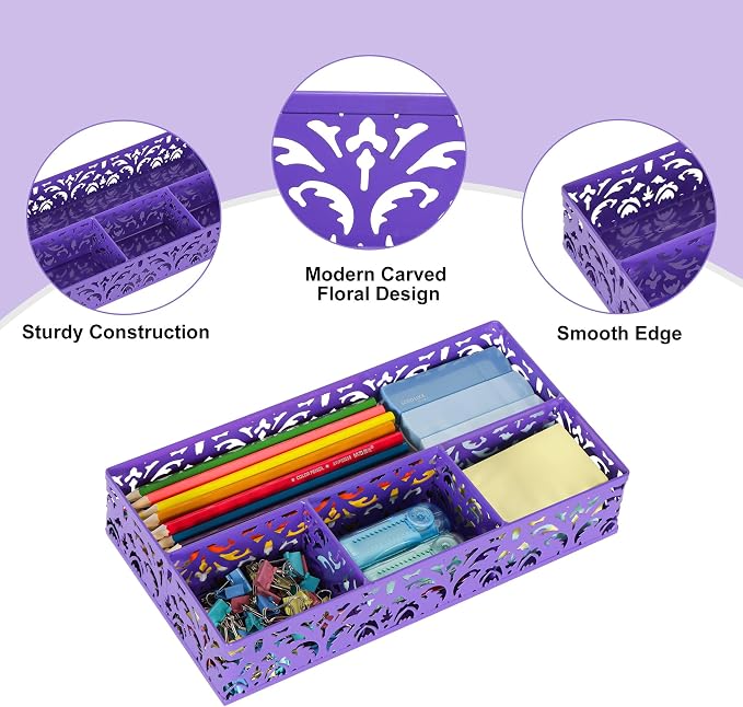 EasyPAG Desk Drawer Organizer with 4 Compartments, Carved Hollow Floral Metal Tray for Office, Jewelry, Cosmetics - No Assembly, Purple