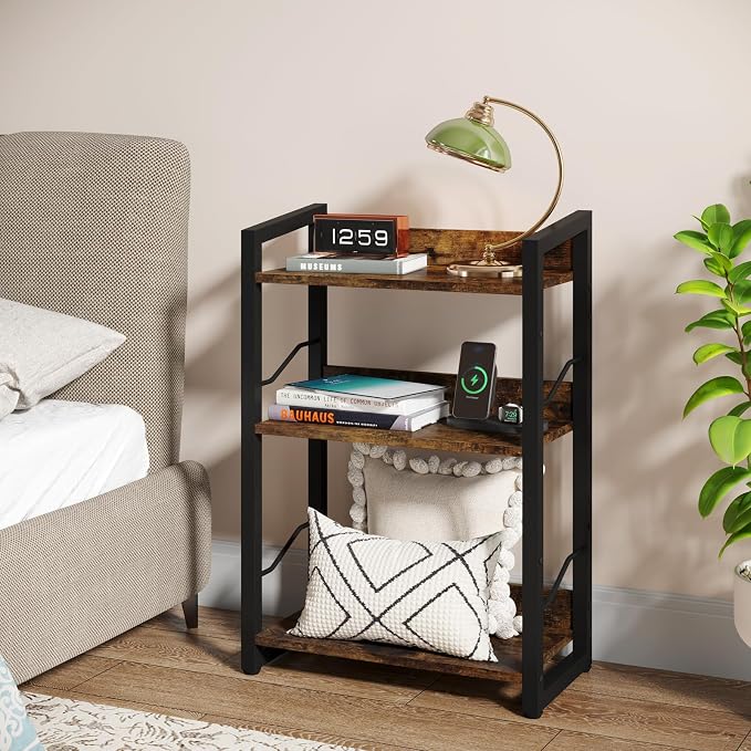 Hosfais 3-Tier Small Bookshelf Bookcase with Edge Protection | Wood Book Shelf Industrial Bookshelf Metal Narrow Bookcase Storage Organizer Display Rack for Bedroom Home Office (Brown)