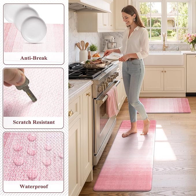 KIMODE Kitchen Anti Fatigue Mats, Boho Farmhouse Kitchen Rugs Sets of 2 | Gradient Pink Memory Foam Kitchen Mats for Floor,Cushioned Rugs for Kithcen Floor Decor Sink Laundry Office 17"x47"+17"x29"