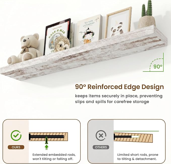 Marsmiles 55in Floating Shelves for Wall, 55" W x 9.25" D x 1.5" H, Long Wall Mounted Engineered Wood Shelves with Invisible Brackets for Living Room, Bedroom, Bathroom, Kitchen, Vintage White, 2Pcs