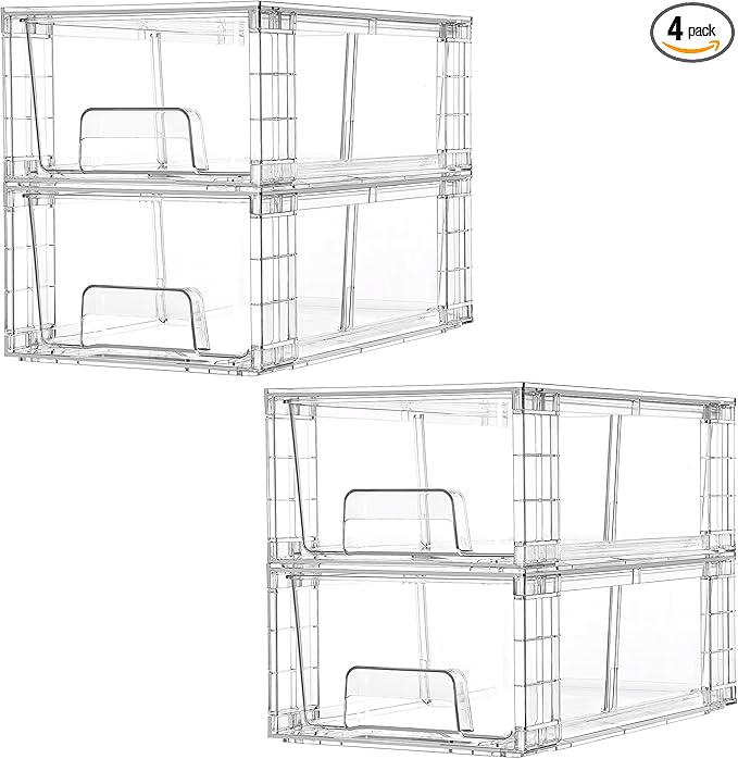 Vtopmart 4 Pack Stackable Storage Drawers,Clear Acrylic Drawer Organizers with Handles, Easily Assemble for Fridge, Bathroom,Kitchen Undersink,Cabinet,Pantry Organization and Storage | Clear Drawer Organizers with Removable Dividers for Flexible storag...