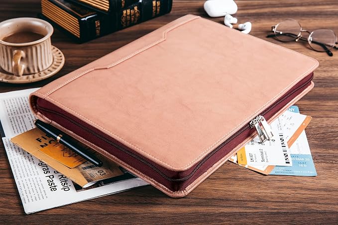 DUKE&COW Vegan Leather Portfolio Binder, 3 Ring Binder Padfolio for Women, Pink Folder, Handmade Oranizer, Personalized Resume Folder (Pink, Custom)