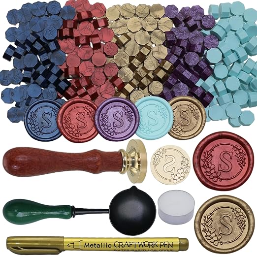 Initial Alphabet S Wax Seal Stamp Set, Retro Letter Sealing Stamp with 150Pcs Sealing Wax Beads in 5 Color, Melt Non Slip Spoon Pen Kit for Wedding and Christmas (S)