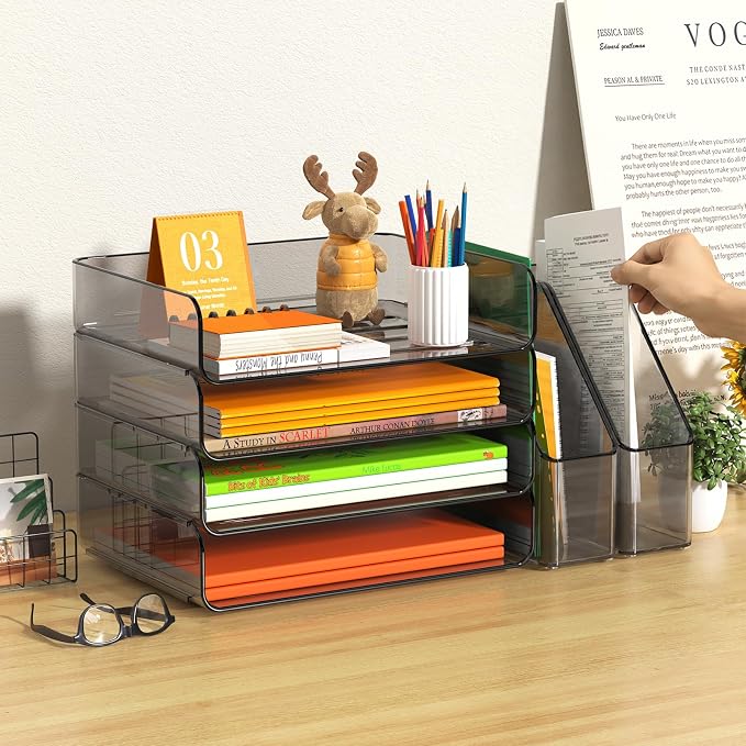 FANXIYQ 4-Tier Brown Acrylic Paper Tray Organizer with 2 Bookends | Tool-Free Stackable 1-4 Tier Design with 2 Bookends for Files, Folders and A4 Paper; For School, Home Office and Study Room