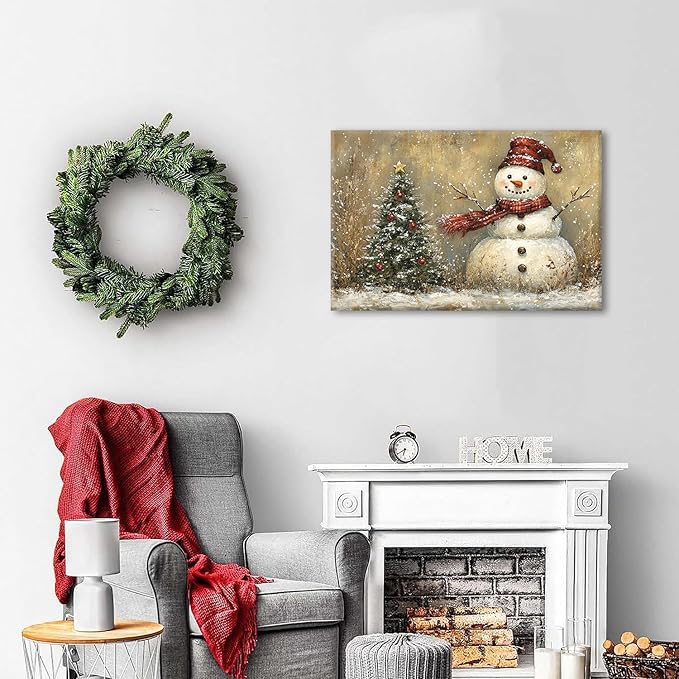 Rustic Christmas Wall Decor Pine Tree Snowman Picture for Living Room Retro Christmas Tree Poster Bedroom Abstract Snowy Winter Scene Canvas Prints Painting Holiday Artwork Xmas Home Decoration 12x16"