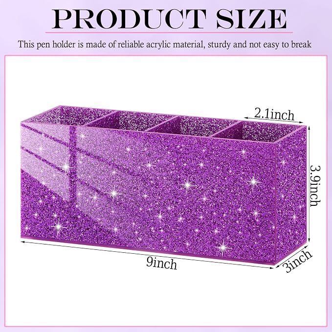 Jetec Acrylic Glitter Pen Holder 4 Compartments Bling Makeup Brush Stationery Organizer Pencil Holder for Desk Accessories Sparkly Gifts for Women Birthday Valentines Desktop Workplace Office(Purple)