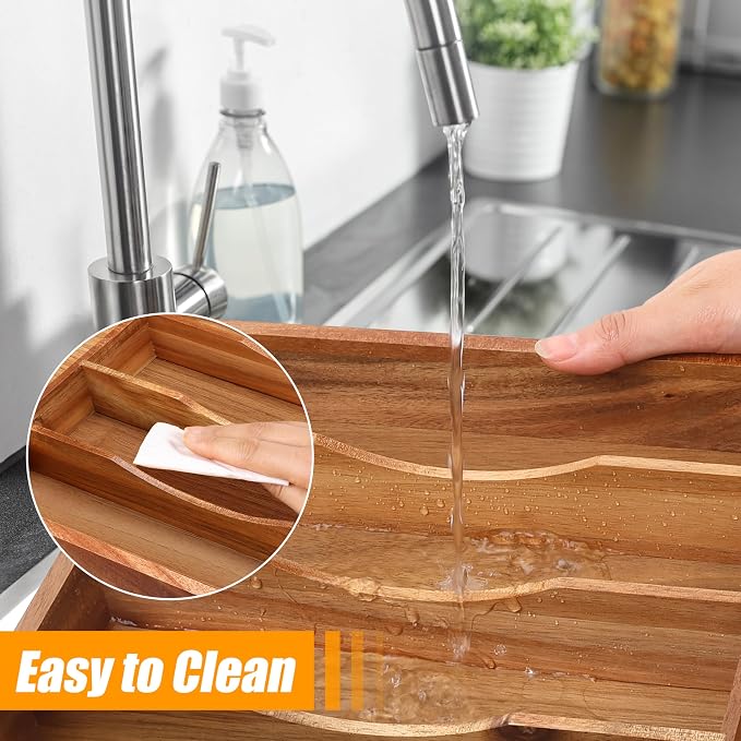 Bamboo Silverware Organizer, 12"x15.7" Utensil Holder Cutlery Tray with Grooved Drawer Dividers for Kitchen Flatware, Bedroom, Office (7 Slot, Acacia)