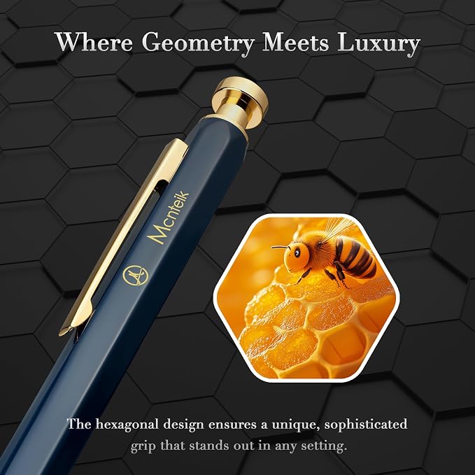 MCNTEIK Blue Gel Pen-Stunning Click Pen with 24K Gold Finish, Hexagonal Design, ADMOK Black Refill, Best Gift Set for Men & Women, Professional Executive Office, Nice Fancy Retractable Pens