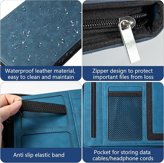 Leather Business Portfolio Organizer 13.4", Padfolio Binder for Women with Zipper, Fits 13" Laptop/Cellphone Charger Legal Pad Portfolio Document Folder ﻿ (Blue)
