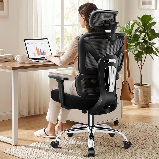 Ergonomic Desk Chair, Breathable Mesh Office Chair for Long Hours, 6 Pack | Adjustable Lumbar Support for Back Pain Relief, 4.33'' Thick Foam Cushion, 3D Headrest, Computer Chair for Home Office, Black