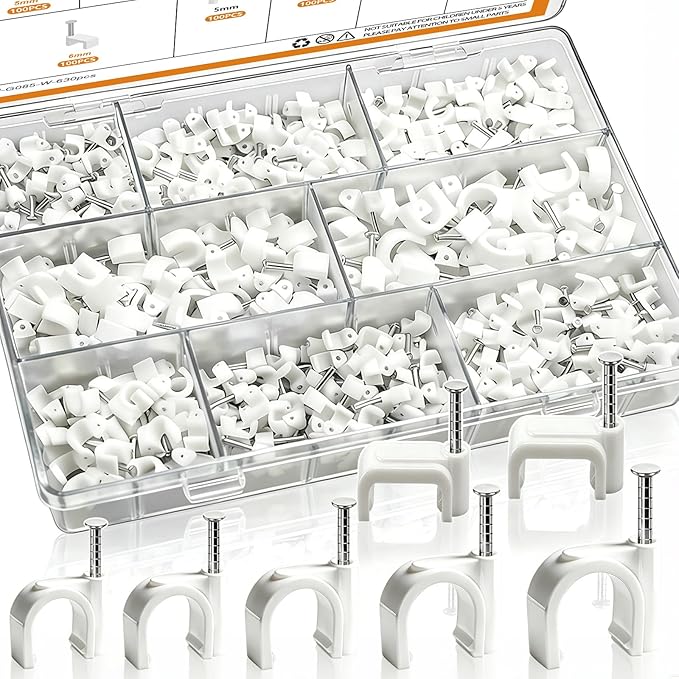 mankk 630PCS Cable Clips Nail in Cable Clips Wire Clips 4/5/6/8/10mm Round & Square Ethernet Cables Wall Clips for Cords RG6 RG59 CAT5 CAT6 RJ45