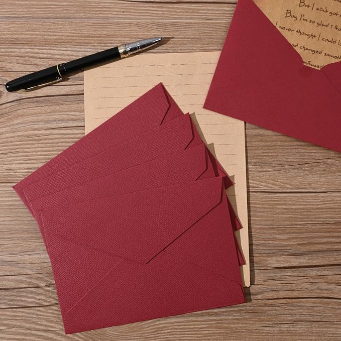 48 Pieces Stationery Set with Envelopes (24 Kraft Paper Sheets + 12 Linen Texture Envelopes+12 Wax Seal Stickers), Stationery Letter Writing Paper Set for Love Letters and Party Invitations (Red)