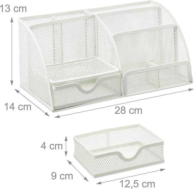 Relaxdays Desk Organiser, Modern Look, Metal Mesh, Total Dimensions: H x W x D: 13 x 28 x 14 cm, White