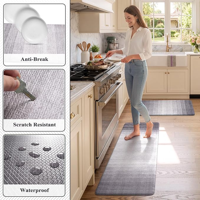 KIMODE Anti Fatigue Kitchen Mats for Floor,Gradient Grey Purple Kitchen Rug | Kitchen Rugs Sets of 2,Cushioned Kitchen Floor Mats, Comfort Laundry Rug, Paded Standing Mat for Bath Sink 17"x47"+17"x29"