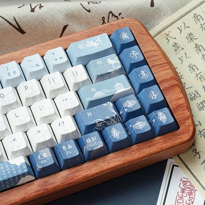 Blue White keycap 130 Key Dye Sublimation PBT keycaps Chinese Calligraphy Keycap Keycaps Cherry Profile Creamy Custom Keycap Set for 60%/65%/75%/TKL/96%/100% US Layout Mechanical Keyboard