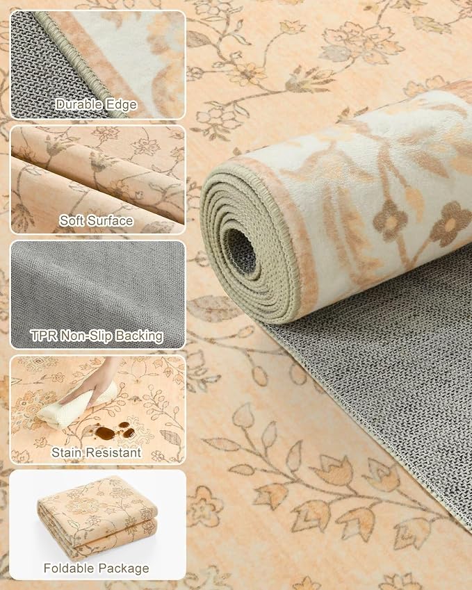 6x9 Area Rugs for Living Room, Boho Washable Bedroom Rug, Vintage Floral Non Slip Rugs, Soft Low Pile Carpet for Kitchen Dining Room Office Farmhouse, BCinnamon Orange