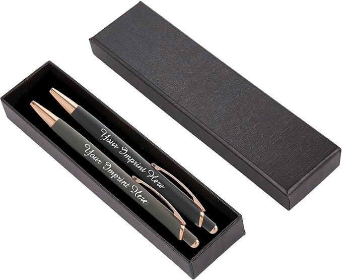 Custom Pens Gift Set - 2 Pack of Majestic Rose Gold Pens - Soft Touch Metal w/gift box - Luxury Ballpoint Pen Personalized Engraved with Name | Perfect for Him or Her (Grey - Black)