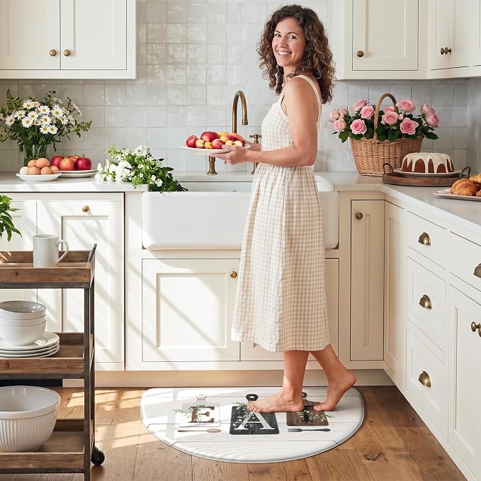 KIMODE Half Circle Anti Fatigue Mats for Cushioned Kitchen Mats for Floor | 18"x28",Grey,Country Vintage,Non Slip,Kitchen Mats Waterproof,Memory Foam,Comfort, Half Round Small Standing Mat Decor