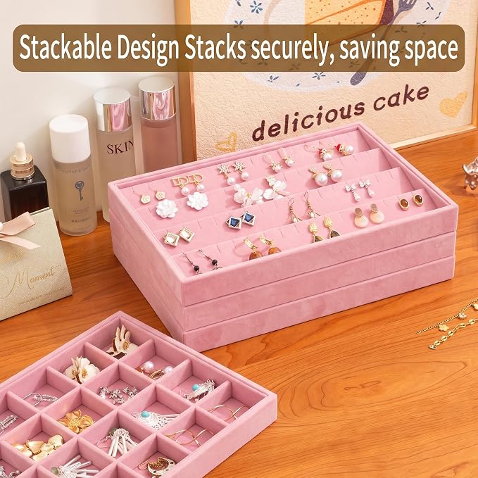 Jewelry Trays for Drawer,Set of 4 Jewelry Organizer and Storage | Velvet Material,Stackable,Adjustable Dividers,Drawer Inserts for Rings Studs Bracelet,Earring Organizer for Women Girls