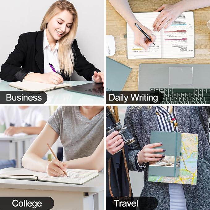 EMSHOI A5 College Ruled Notebook, 256 Numbered Pages 120GSM Ink-Proof Faux Leather Hardcover Lay-Flat Lined Journal for Work Office School Travel Writing, Small 5.75" x 8.38", GrayBlue