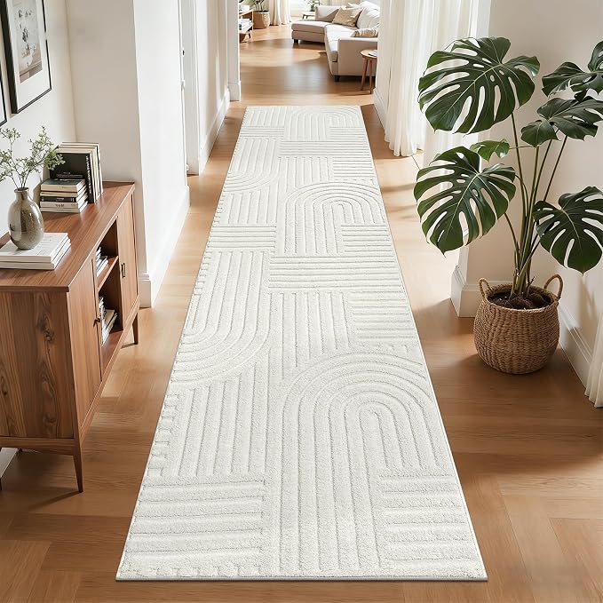 SHACOS Soft Cozy Fluffy Arch Pattern Runner Rugs 2x10 Cream White | High Low Pile Non Slip Washable Minimalist Area Rug Runner Modern Carpet for Living Room Bedroom Bathroom Hallway Kitchen