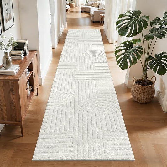 SHACOS Soft Cozy Fluffy Arch Pattern Runner Rugs 2x10 Cream White | High Low Pile Non Slip Washable Minimalist Area Rug Runner Modern Carpet for Living Room Bedroom Bathroom Hallway Kitchen