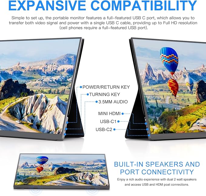 10.5''Portable Monitor for latop ,2K FHD 60HZ Laptop Monitor Screen,USB-C and HDMI Inputs, Ultra-Slim IPS Panel with HDR and Premium Smart Cover & Speakers for Laptop,PC,Phone,PS4/5,Switch,Mac,Xbox