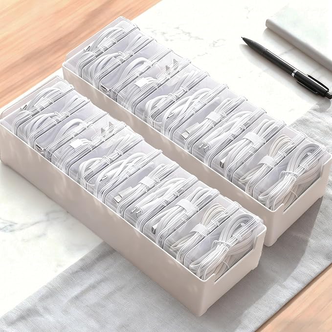 2 Pack 11 Grid Cable Organizer Box with Switch for Desktop Cord Storage | Desk wire sorting, office household dual use, multi grid classified storage, transparent visible interior, cord management