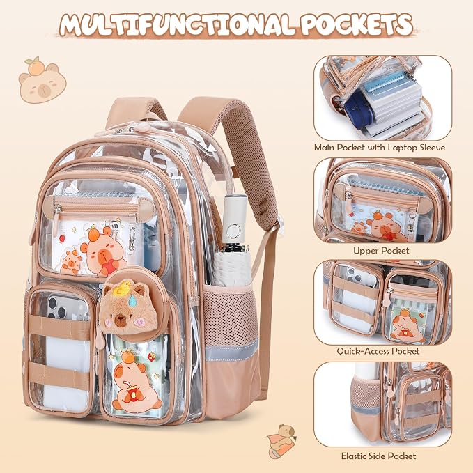Capybara Theme Clear Backpack, 28Pcs School Supplies Stationery Transparent Backpack Set with Lunch Box Pencil Case Pens Notebooks for Kids Girls Elementary Middle School Stadium Approved