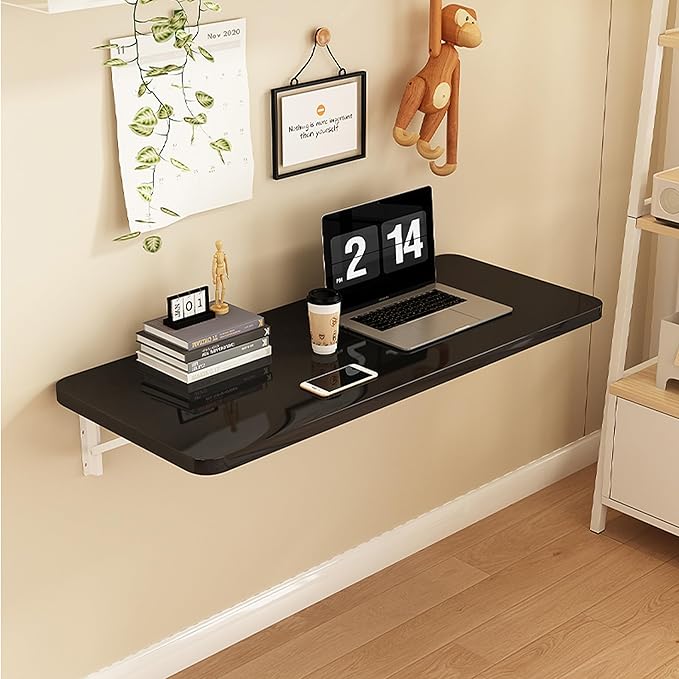 Wall Mounted Folding Table,floating desk for wall,folding wall desks for small spaces,hanging desk for Home Office Computer Workstation,Study Work Bench, Kitchen Dining (black, 35.4"×19.6"(90×50cm))
