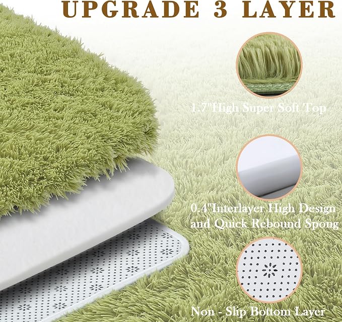 3x5 Rug, Bedside Preppy Dorm Area Rug, College Essentials Small Carpets for Bedroom, Anti Slip Fluffy White Living Room Rugs Home Decor Aesthetic(3 x 5, Grass Green)