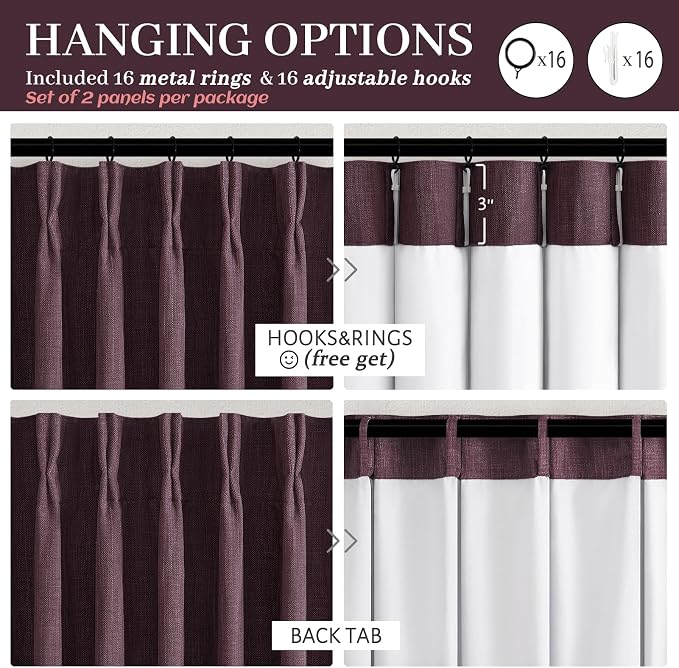 Pinch Pleated Purple Curtains 90 Inches Long 2 Panels Set for Nursery, Blackout Memory Trained Double Layer Thick Linen Blend Sound Dampening Drapes Energy Efficient Country Privacy Viral Windows Burg
