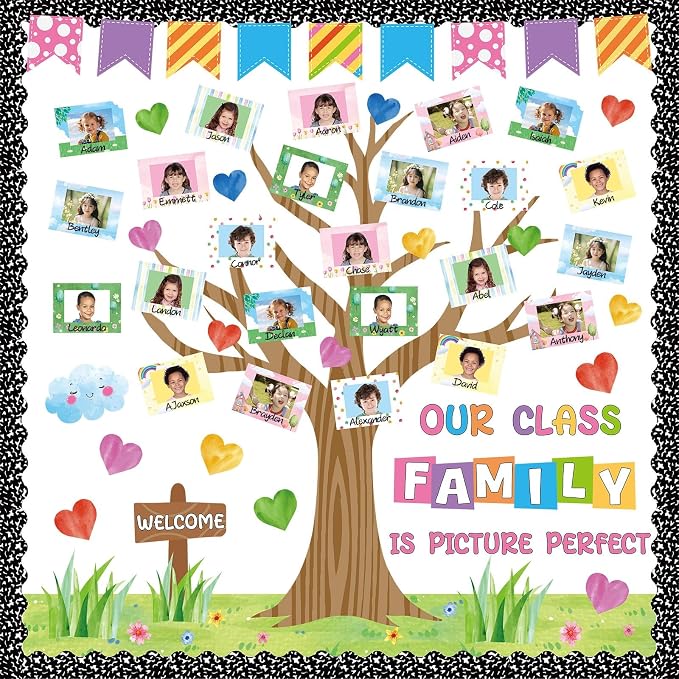 Back to School Bulletin Board Our Class Family is Picture Perfect Bulletin Board Set Colorful Picture Frame Classroom Decor Composition Tree DIY Photo Crafts Cutouts for School Office Teacher Supplies