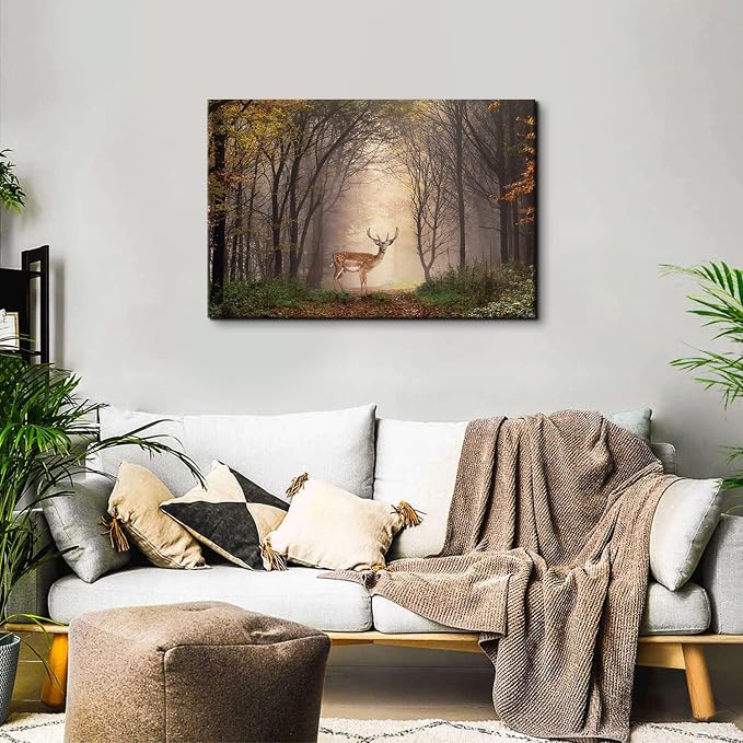 Wild Animal Landscape Canvas Wall Art Deer in Autumn Foggy Forest Picture Wall Decor Elk Wildlife Scenery Photo Prints Painting Decoration for Modern Living Room Bedroom Bathroom Home Art 24x36 Inch