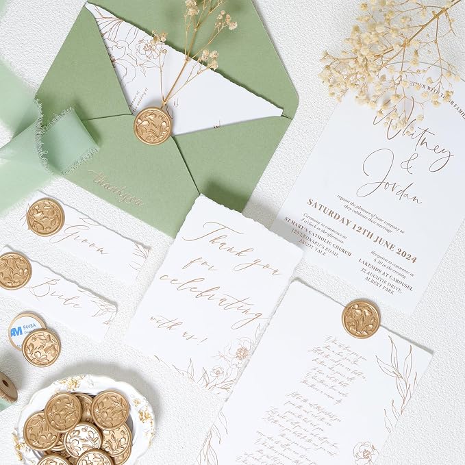 UNIQOOO Wax Seal Stickers - 3D Magnolia Wedding Invitation Envelope Botanical Seal Stickers, 100 Pcs Self-Adhesive Light Gold Stickers, Perfect for Invitations, Christmas, Gift Wrapping, Parties