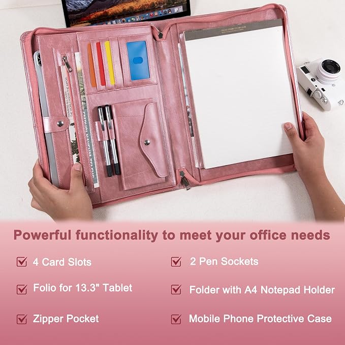 AZXCG Portfolio Binder, Pink Padfolio with Handle and Zipper,Leather Padfolio for Women,Professional Business Portfolio Organizer,A4 Notepad Holder, Gift for Valentine's Day,Girls and Women,