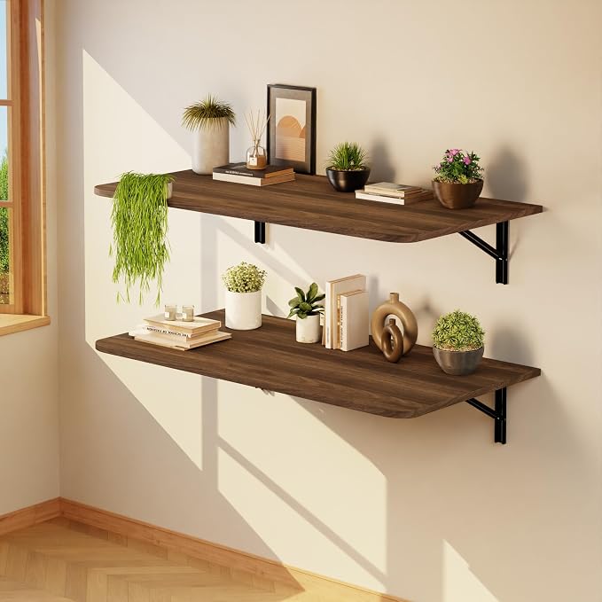 IAE Wall Mounted Floating Foldable Desk, 36" x 22" Folding Computer Workstation Table with Engineered Wood and Metal Shelf Brackets,Fold&Floating Design for Home Office, Apartment,Laundry Room,Walnut