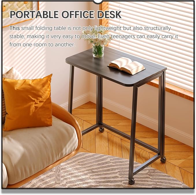 4NM 23.6" Mobile Small Folding Desk, Foldable Rolling Computer Home Office Desk, Study Writing Table for Small Space Saving Bedroom, with Wheels - All Black