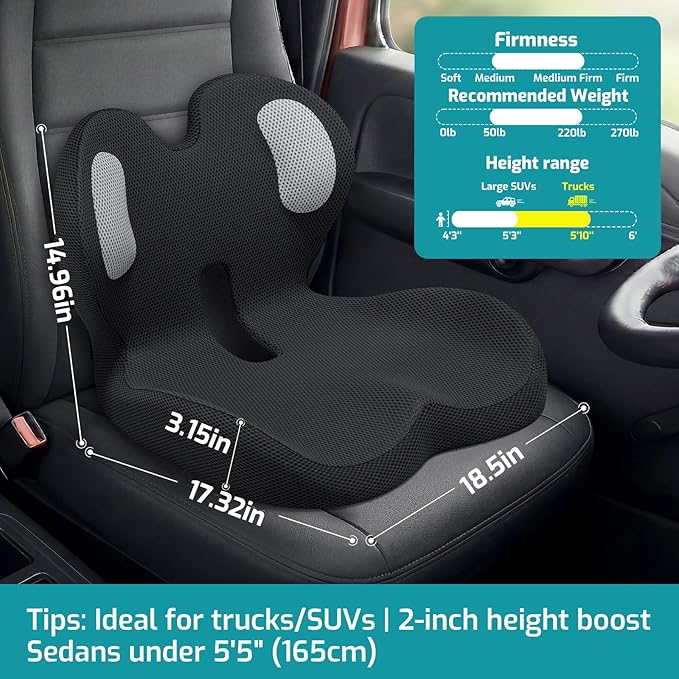 Trucker Seat Cushion, Thick Car Seat Cushions with Lumbar Support Pillow, Ergonomic L-Shaped Orthopedic Memory Foam for Long Driving Lower Back Pain Sciatica Relief Gift for Drivers (Black+Mesh cloth)