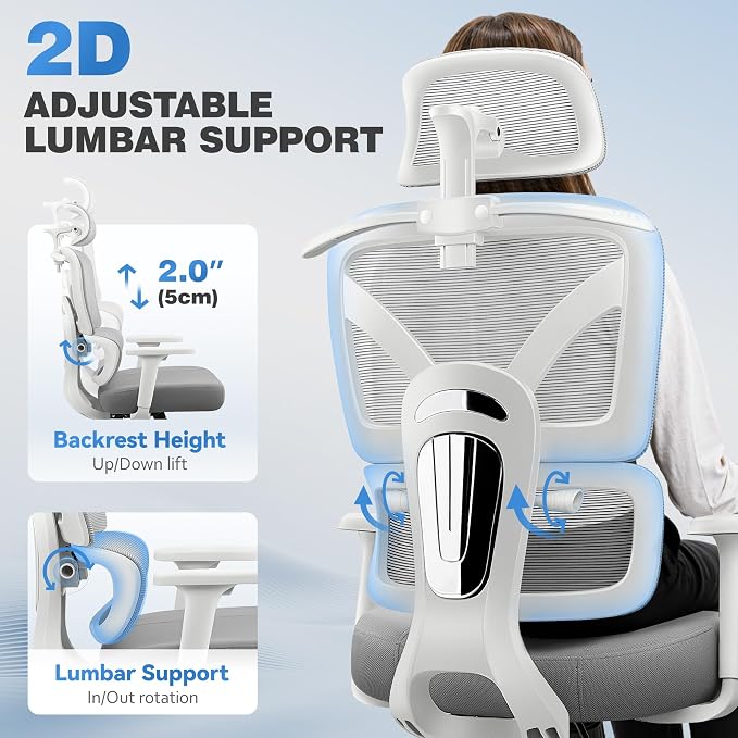 Ergonomic Desk Chair, Breathable Mesh Office Chair for Long Hours, 8 Pack | Adjustable Lumbar Support for Back Pain Relief, 4.33'' Thick Foam Cushion, 3D Headrest, Computer Chair for Home Office, Gray
