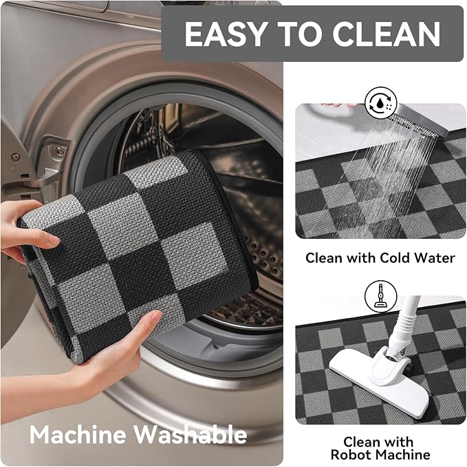 YDKGL Kitchen Mats for Floor, Super Absorbent Kitchen Rugs Non Slip Washable, Linen-Look Woven Cushion Runner Rug, Kitchen Sink Mat Standing Mat, Black Gray Checkered 17"x30"