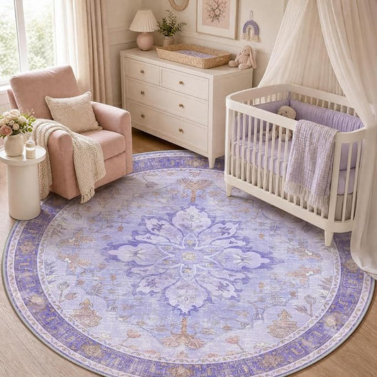 RELEANY Area Rugs Round 5ft Washable Non-Slip, Floral Vintage Distress Medallion Carpet for Living Room Bedroom Dining Room, Light Purple Brown