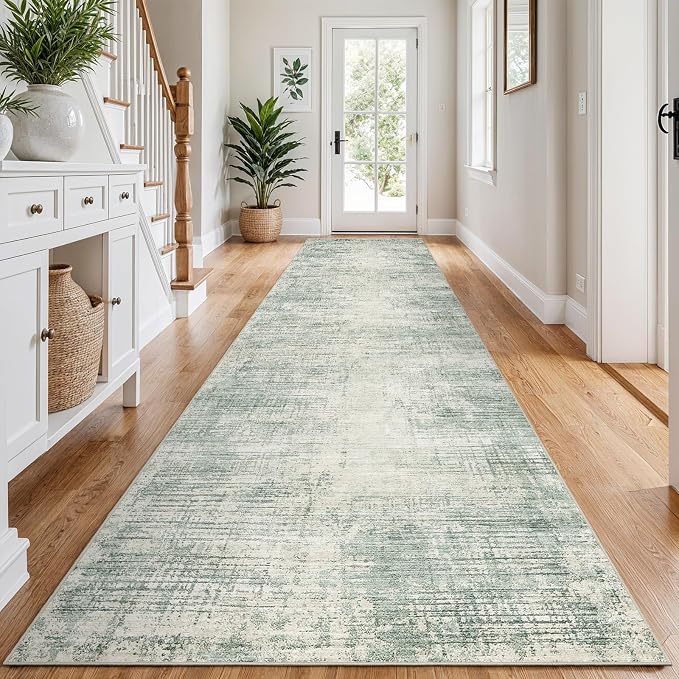 3x12 Hallway Washable Runner Rug - Non-Slip Kitchen Rugs with Rubber Backing Abstract Neutral Low-Pile Carpet Runners for Laundry Room Home Decor Bedroom Bathroom Entryway (Green,3x12)