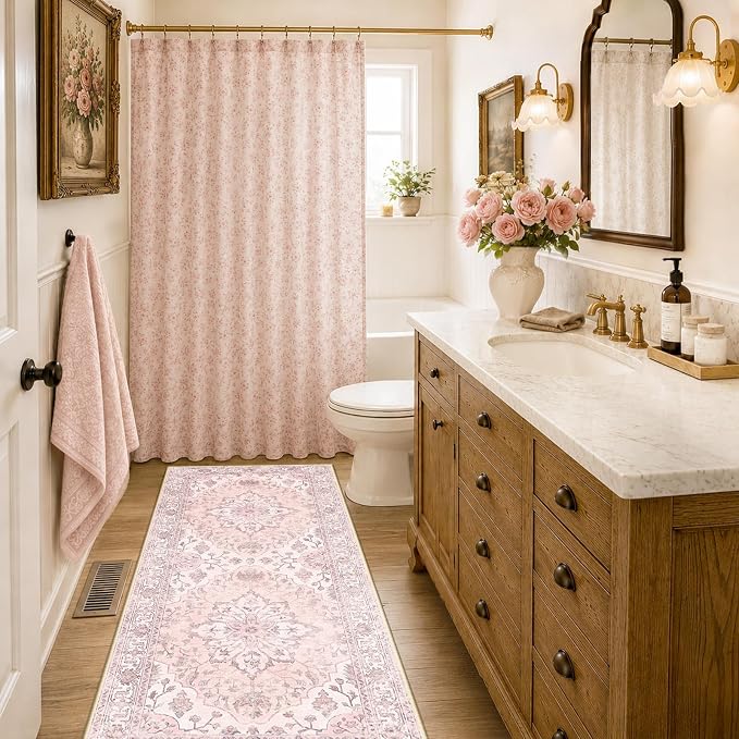 RELEANY Area Rugs Runner 2'x6' Washable Non-Slip, Floral Vintage Distress Medallion Carpet for Kitchen Hallway Bedroom Beside Laundry Room Bathroom, Pink Greypink Cute
