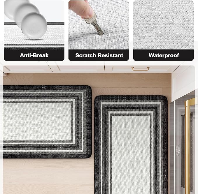 KIMODE Anti Fatigue Kitchen Mat for Floor, 20"x47"+20"x32" Kitchen Rugs Set of 2, Non Slip Kitchen Floor Mats Cushioned, Comfort Mats for Kitchen Floor, Sink, Laundry, Office, Desk Black and White
